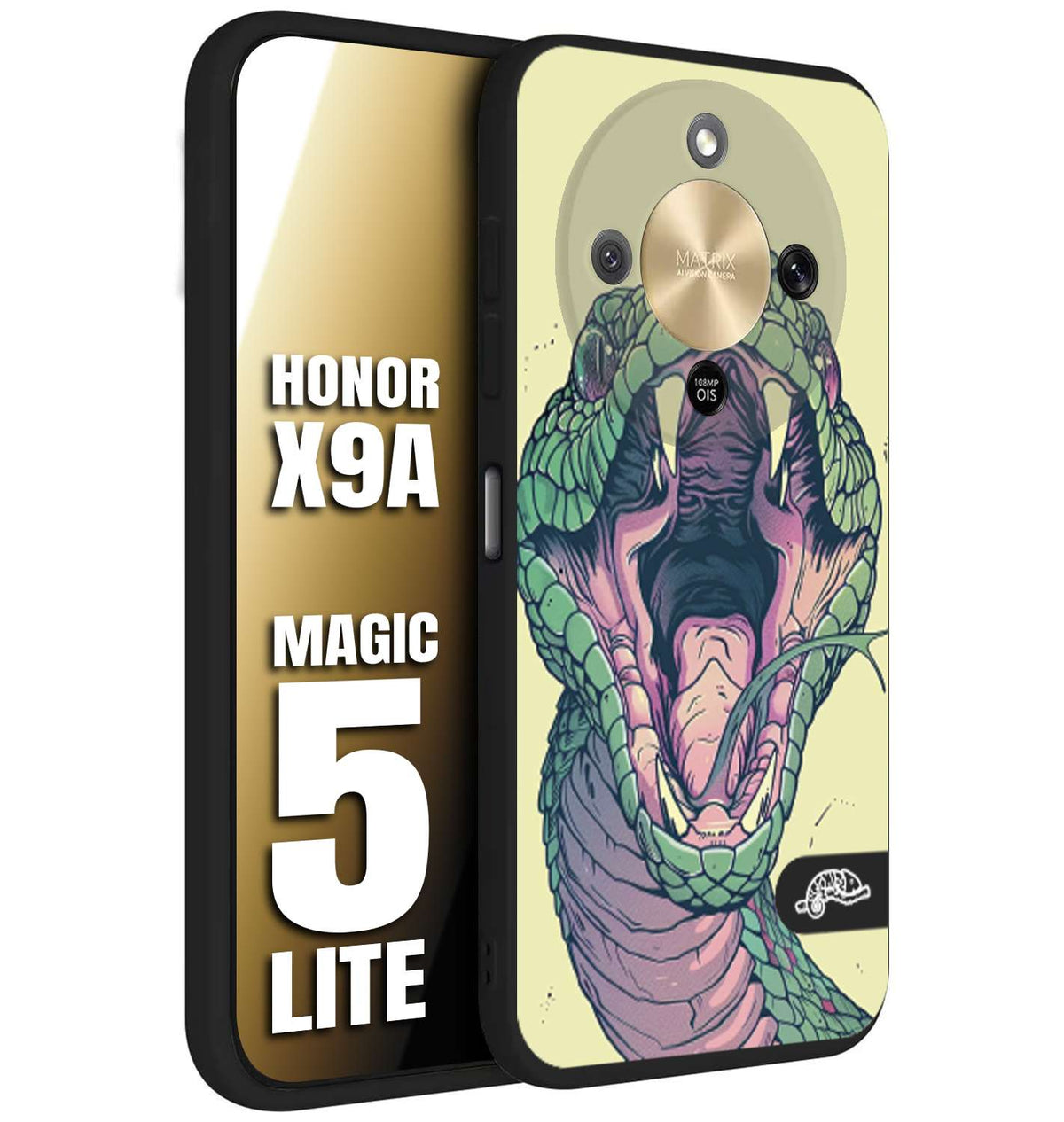 CUSTOMIZZA - Custodia cover nera morbida in tpu compatibile per Honor X9A - Honor Magic 5 Lite snake yellow green serpente tatuaggio tattoo disegnato a mano