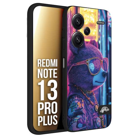 CUSTOMIZZA - Custodia cover nera morbida in tpu compatibile per Xiaomi Redmi Note 13 PRO PLUS animali cyberpunk orsetto orso street bear fucsia blu night