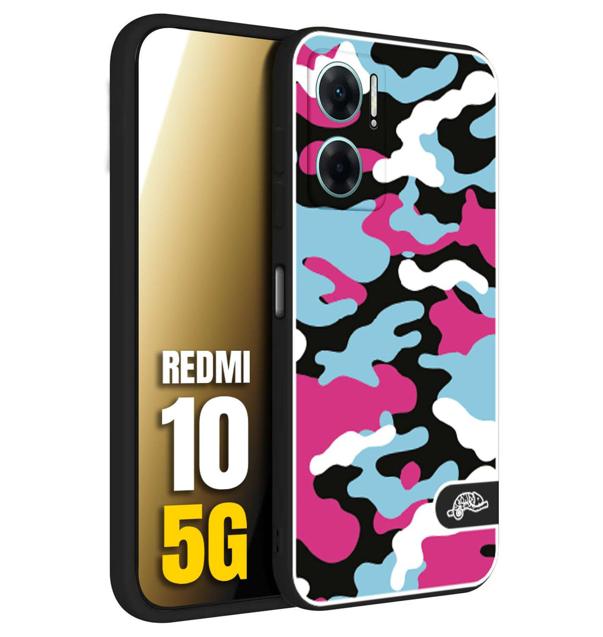 CUSTOMIZZA - Custodia cover nera morbida in tpu compatibile per Xiaomi Redmi 10 5G camouflage mimetico militare fucsia celeste