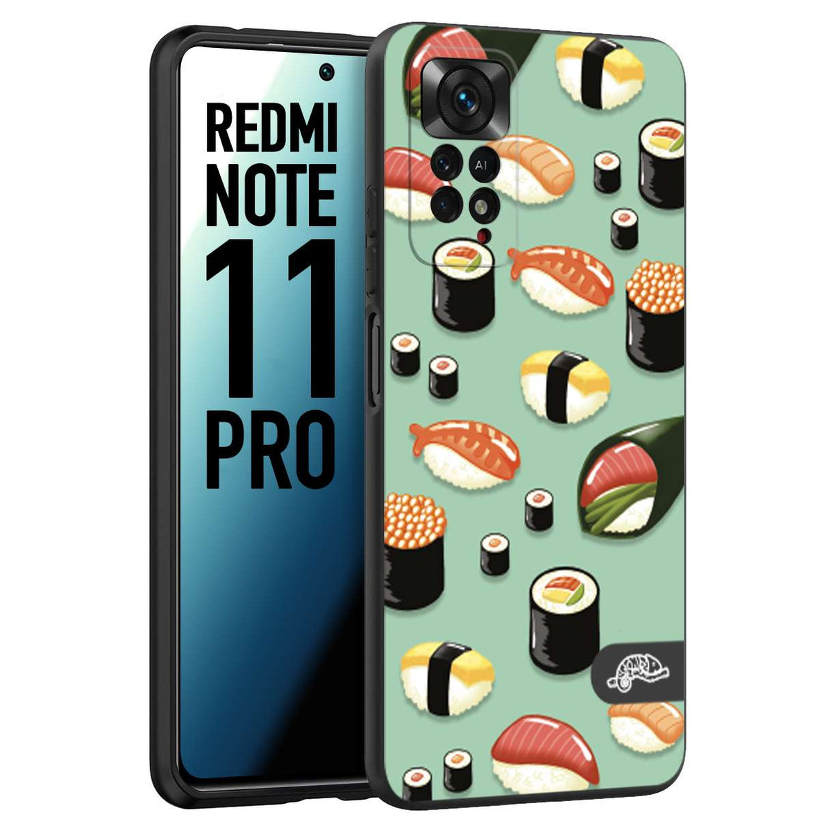 CUSTOMIZZA - Custodia cover nera morbida in tpu compatibile per Xiaomi Redmi Note 11 PRO sushi disegni giapponese nighiri acquamarina verde