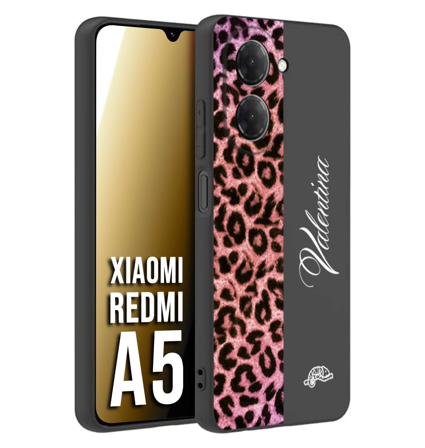 CUSTOMIZZA - Custodia cover nera morbida in tpu compatibile per Xiaomi Redmi A5 leopardato rosa fucsia personalizzata nome iniziali