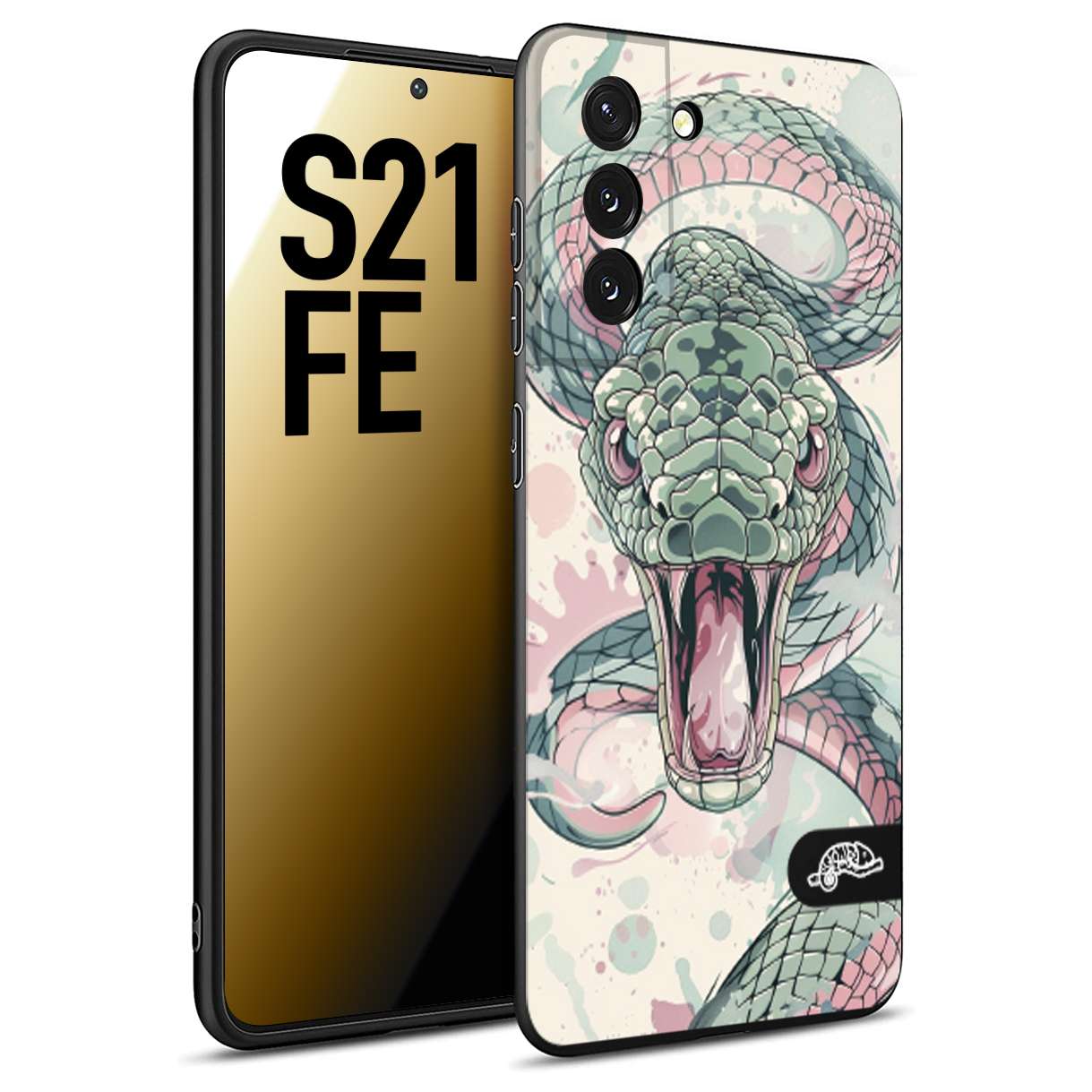 CUSTOMIZZA - Custodia cover nera morbida in tpu compatibile per Samsung S21 FE snake pink green serpente tatuaggio tattoo disegnato a mano