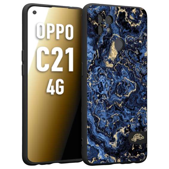 CUSTOMIZZA - Custodia cover nera morbida in tpu compatibile per Realme C21 4G effetto marmo marble blu venature dorato psichedelico