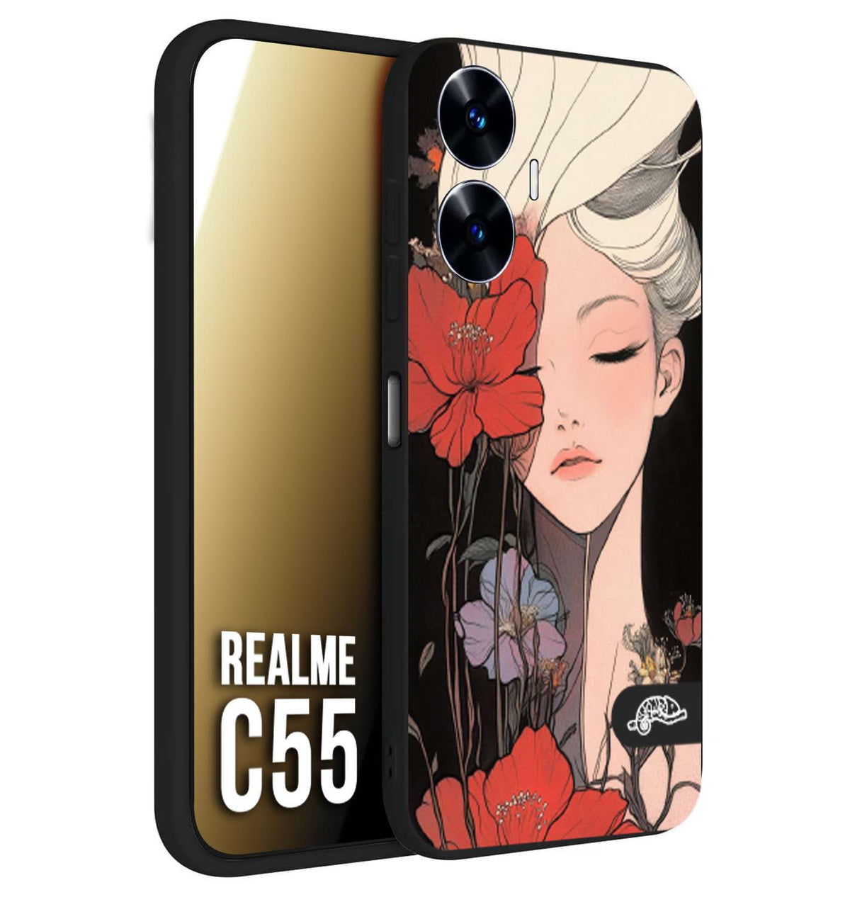 CUSTOMIZZA - Custodia cover nera morbida in tpu compatibile per Realme C55 woman flower Fantasia Floreale Design Donna e Fiori, Retro Artistico