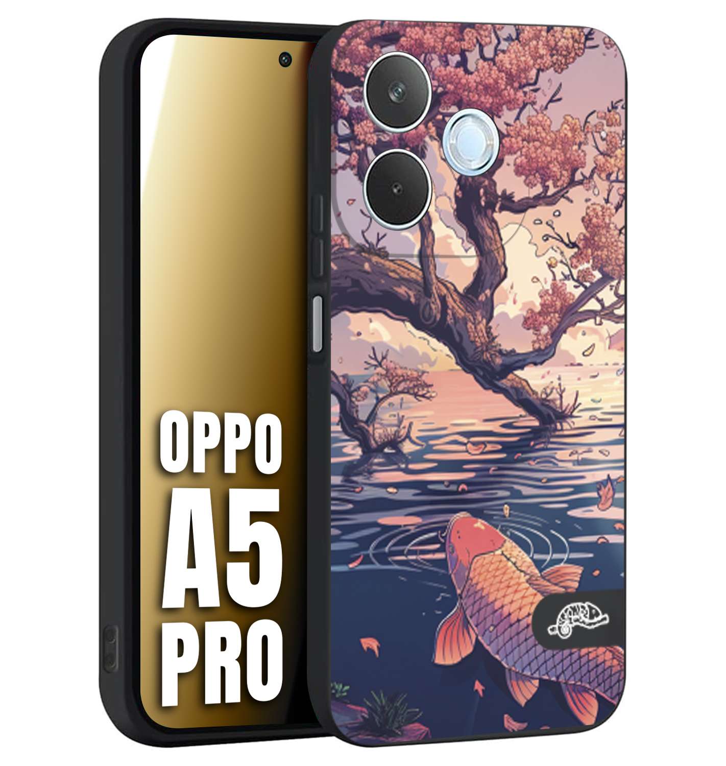 CUSTOMIZZA - Custodia cover nera morbida in tpu compatibile per Oppo A5 PRO giapponese lago carpa koi rosa con foglie d'acero disegnata tattoo