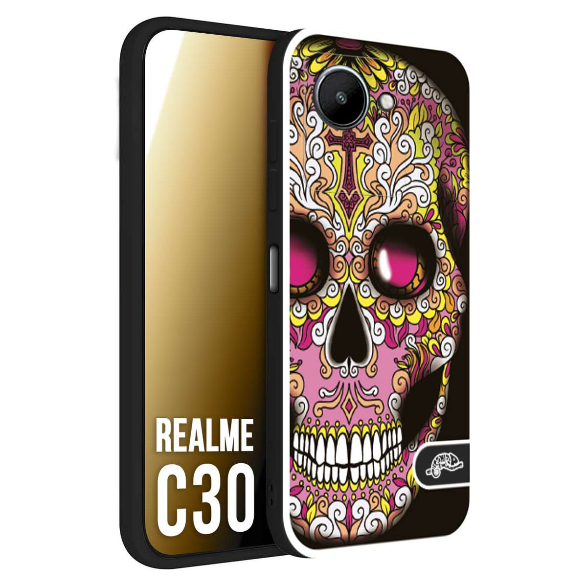CUSTOMIZZA - Custodia cover nera morbida in tpu compatibile per Realme C30 teschio messicano Mexican skull rosa gialla
