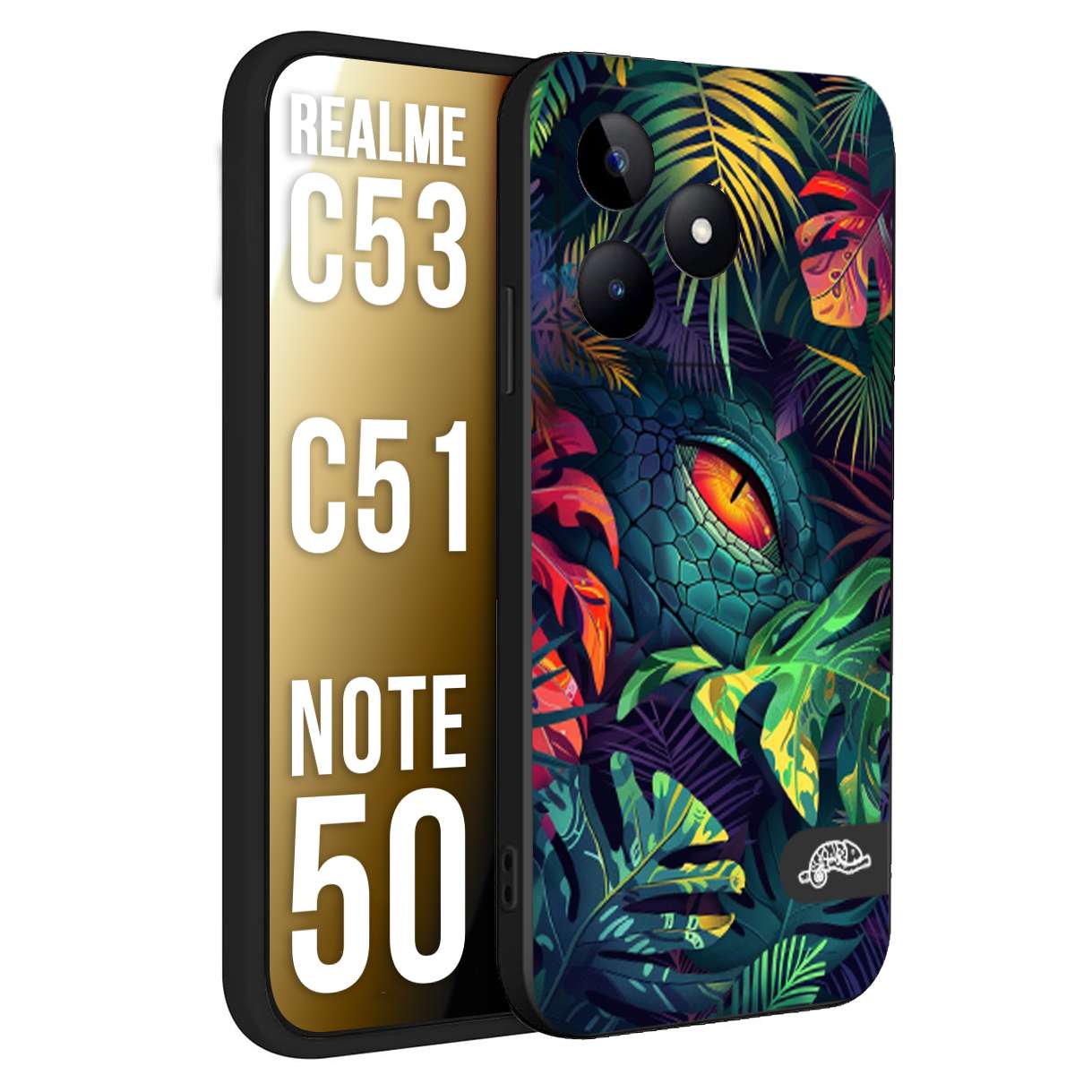 CUSTOMIZZA - Custodia cover nera morbida in tpu compatibile per Realme C53 - C51 - NOTE 50 animali color giungla tropicale occhio di coccodrillo alligatore disegnato