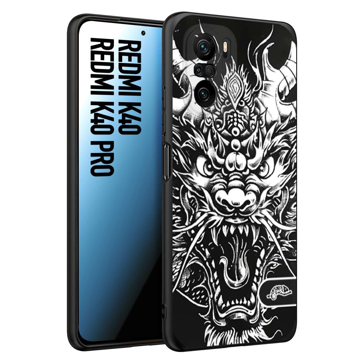 CUSTOMIZZA - Custodia cover nera morbida in tpu compatibile per Xiaomi Redmi K40 - K40 Pro drago black and white bianco a rilievo disegnato tattoo tatuaggio
