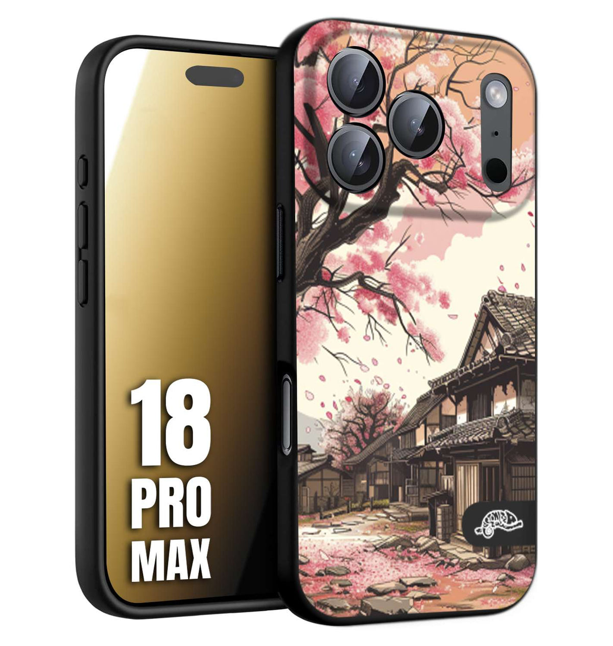 CUSTOMIZZA - Custodia cover nera morbida in tpu compatibile per iPhone 18 PRO MAX casa giapponese rosa ciliegio in fiore disegnata tattoo