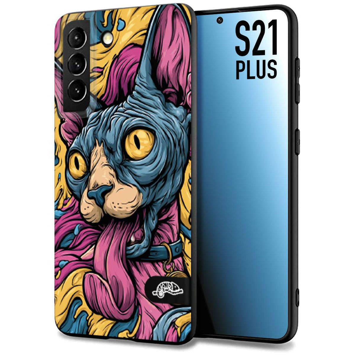 CUSTOMIZZA - Custodia cover nera morbida in tpu compatibile per Samsung S21 PLUS Sphynx Colorato Pop Art Psichedelico Gatto Blu Rosa Giallo Artistica Fantasy
