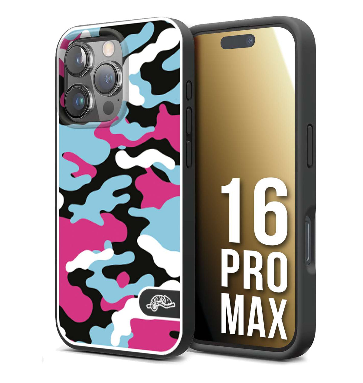 CUSTOMIZZA - Custodia cover nera morbida in tpu compatibile per iPhone 16 PRO MAX camouflage mimetico militare fucsia celeste