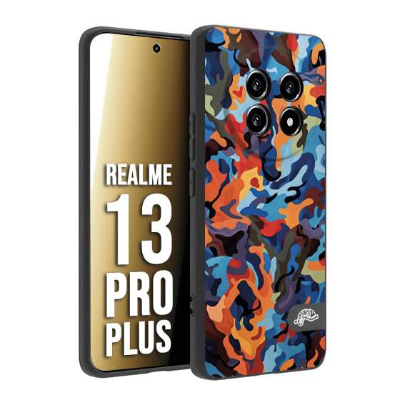 CUSTOMIZZA - Custodia cover nera morbida in tpu compatibile per Realme 13 PRO PLUS camouflage mimetico militare moderno blu arancio rosso