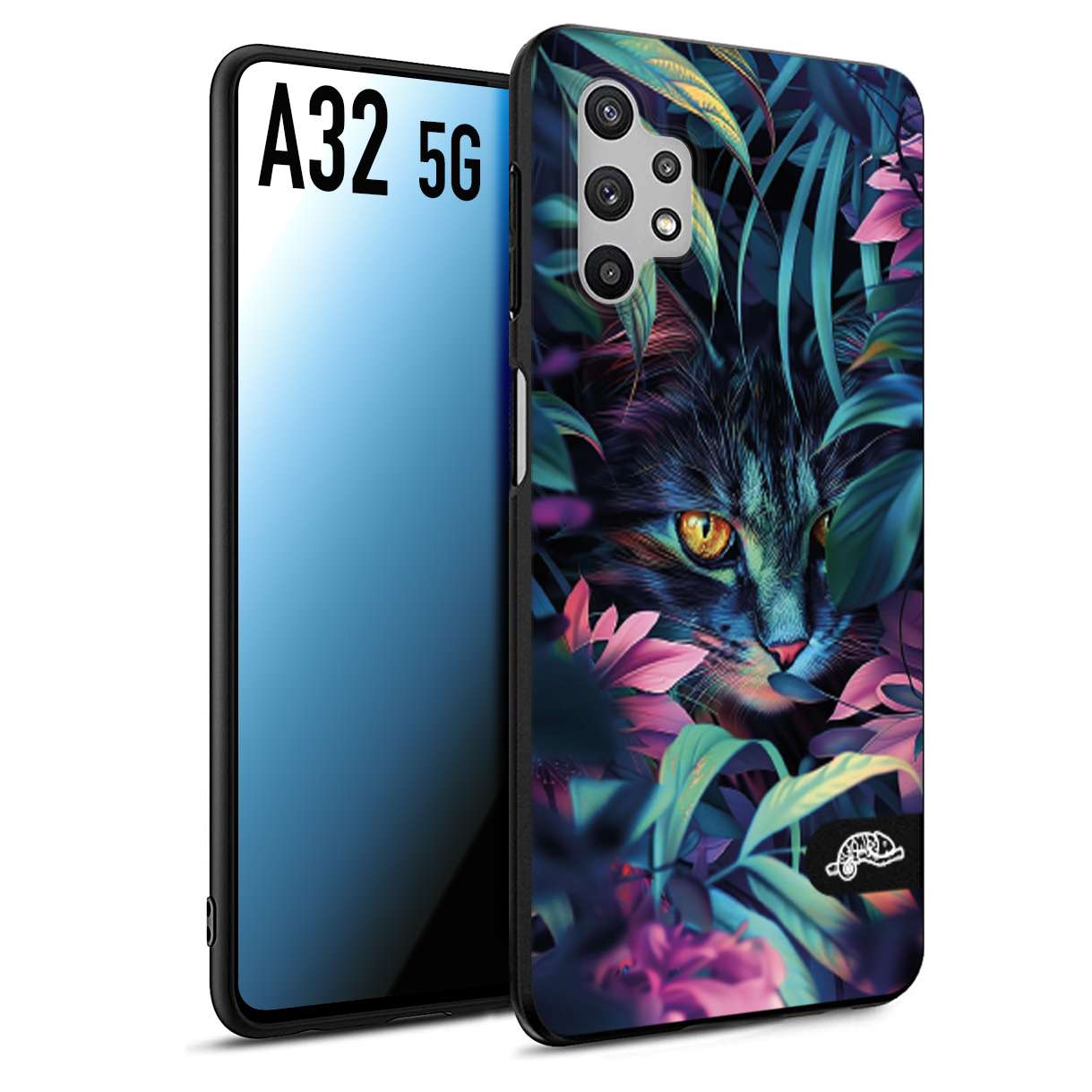 CUSTOMIZZA - Custodia cover nera morbida in tpu compatibile per Samsung A32 5G animali color giungla tropicale occhio di gatto colori vibranti disegnato