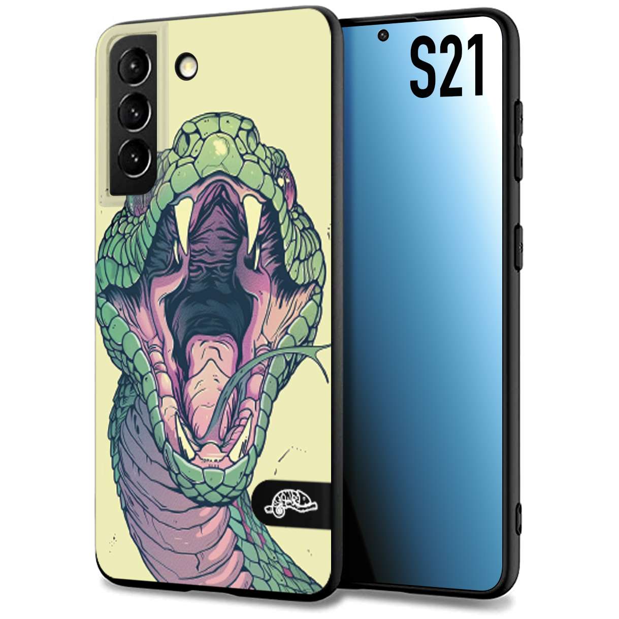 CUSTOMIZZA - Custodia cover nera morbida in tpu compatibile per Samsung S21 snake yellow green serpente tatuaggio tattoo disegnato a mano