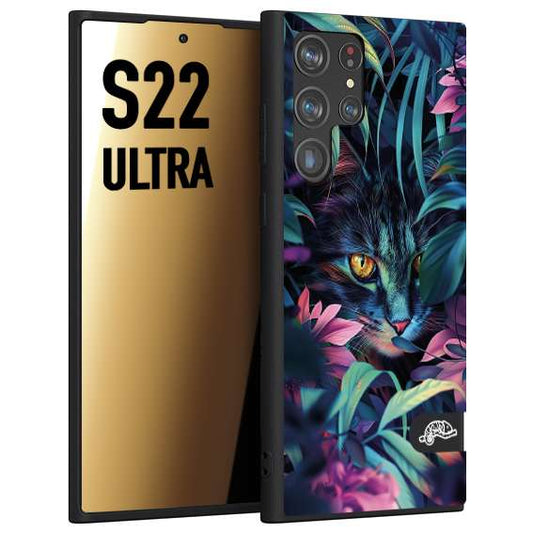 CUSTOMIZZA - Custodia cover nera morbida in tpu compatibile per Samsung S22 ULTRA animali color giungla tropicale occhio di gatto colori vibranti disegnato