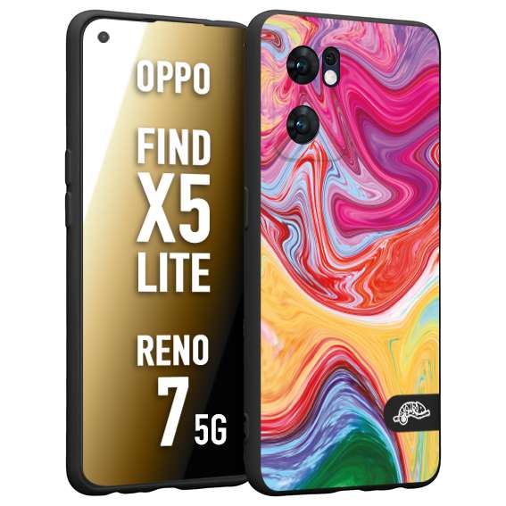 CUSTOMIZZA - Custodia cover nera morbida in tpu compatibile per Oppo Reno 7 - Find X5 LITE colorata fantasia vortice marmo onde verde fucsia gialla