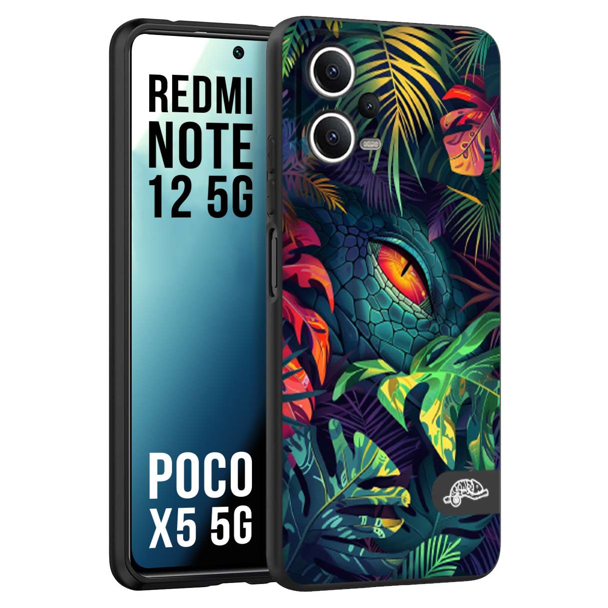 CUSTOMIZZA - Custodia cover nera morbida in tpu compatibile per Xiaomi Redmi Note 12 5G - POCO X5 5G animali color giungla tropicale occhio di coccodrillo alligatore disegnato