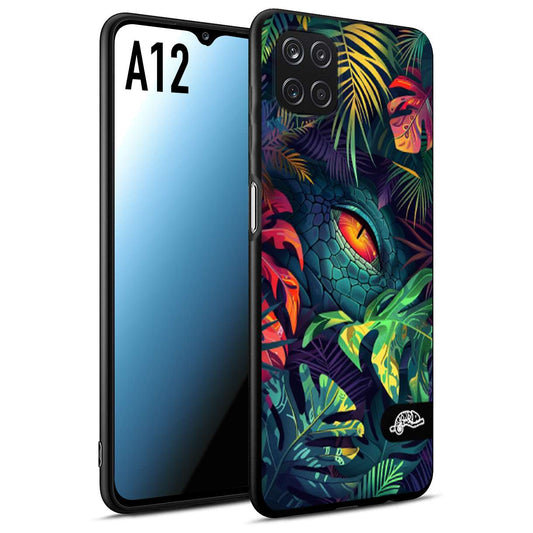 CUSTOMIZZA - Custodia cover nera morbida in tpu compatibile per Samsung A12 animali color giungla tropicale occhio di coccodrillo alligatore disegnato