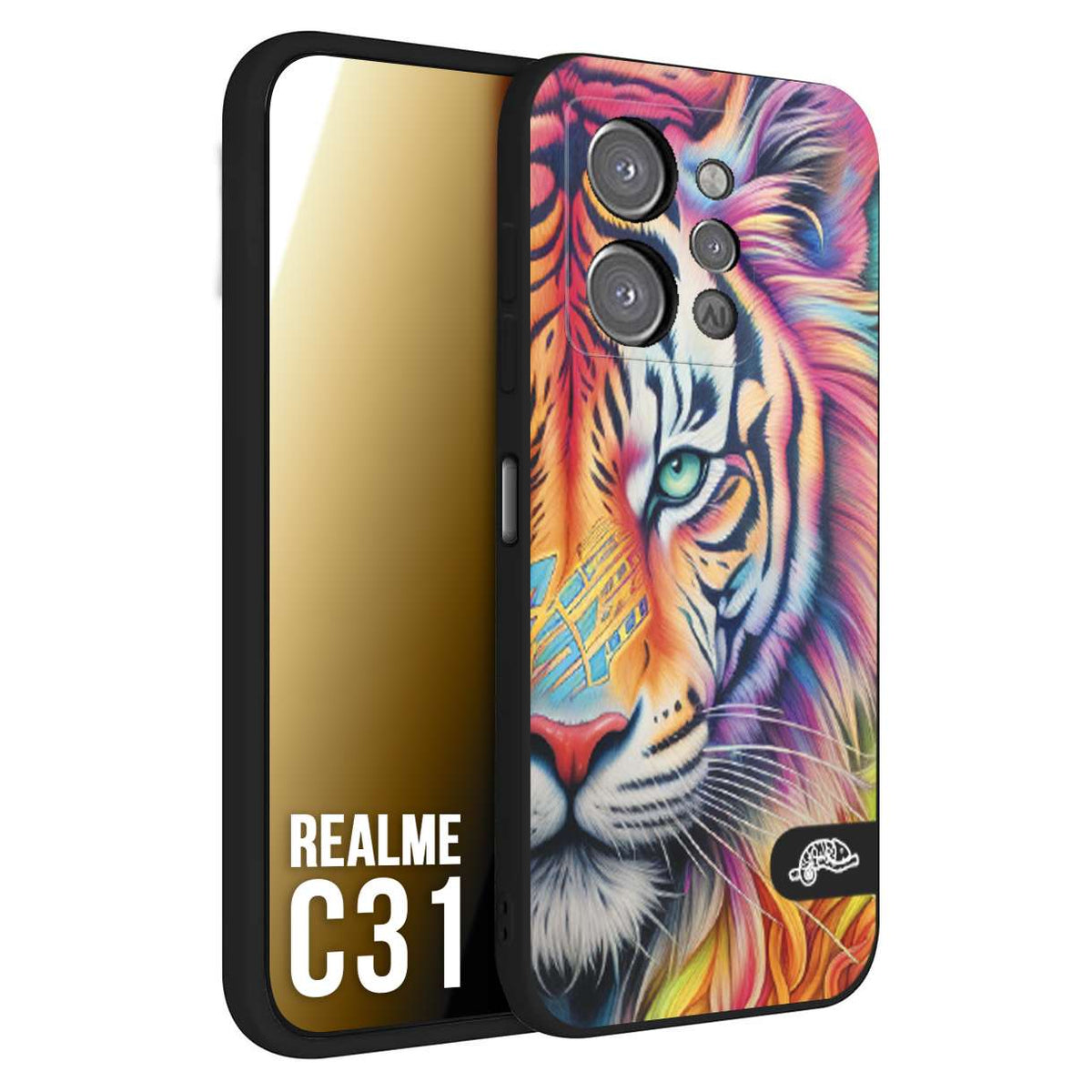 CUSTOMIZZA - Custodia cover nera morbida in tpu compatibile per Realme C31 animali color tigre tiger viso colori vibranti disegnato schizzo
