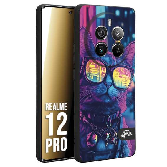 CUSTOMIZZA - Custodia cover nera morbida in tpu compatibile per Realme 12 PRO animali cyberpunk gatto street cat fucsia blu giallo