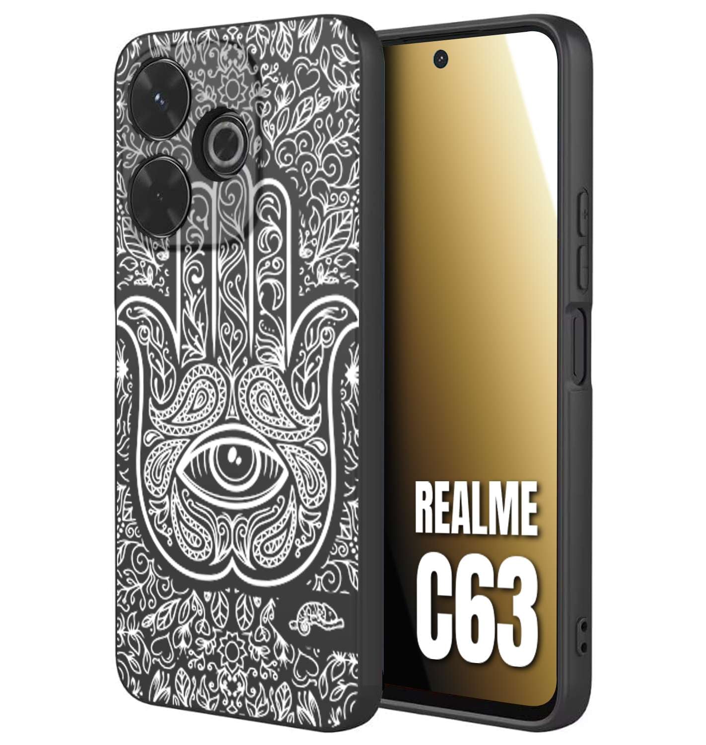CUSTOMIZZA - Custodia cover nera morbida in tpu compatibile per Realme C63 mano di fatima effetto rilievo mandala donna