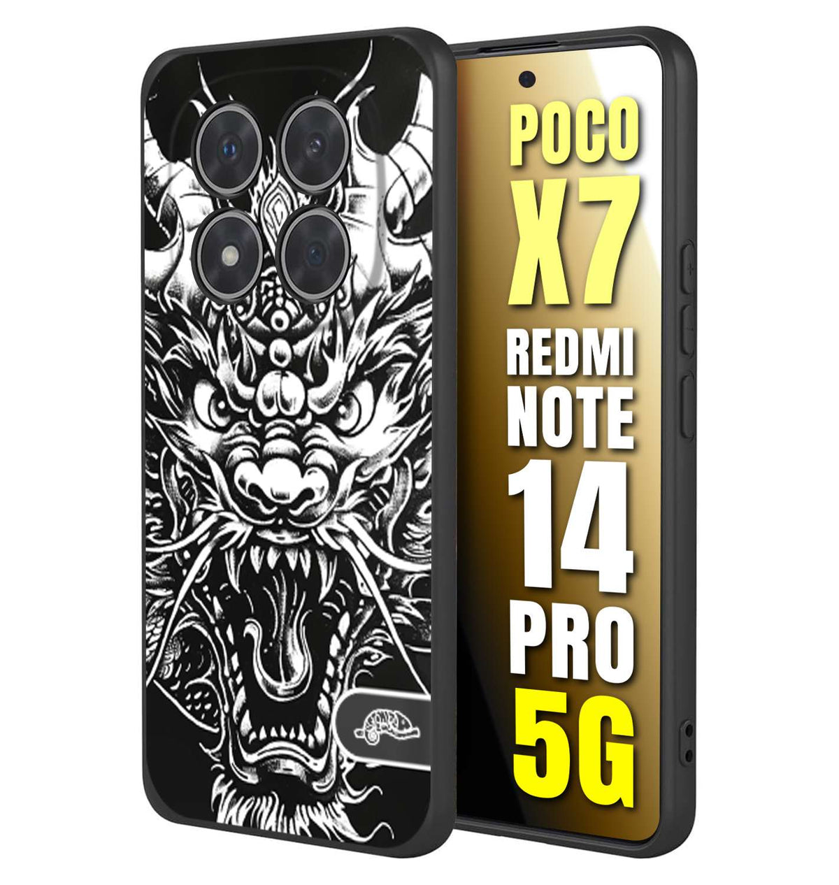 CUSTOMIZZA - Custodia cover nera morbida in tpu compatibile per Xiaomi Redmi Note 14 PRO 5G drago black and white bianco a rilievo disegnato tattoo tatuaggio