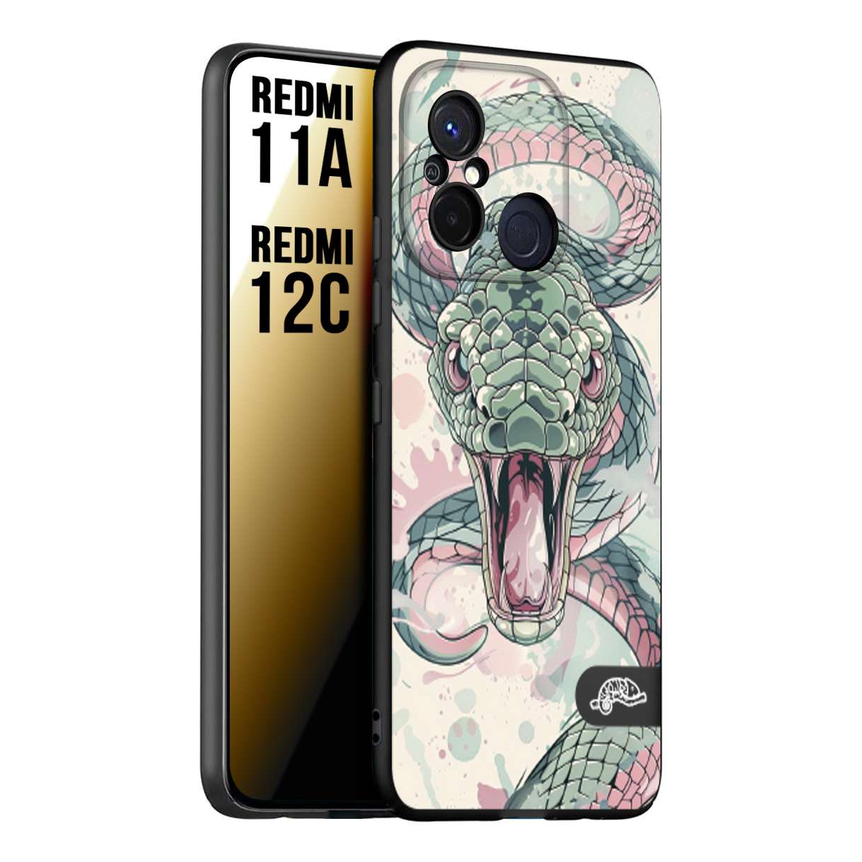CUSTOMIZZA - Custodia cover nera morbida in tpu compatibile per Xiaomi Redmi 11A - 12C snake pink green serpente tatuaggio tattoo disegnato a mano