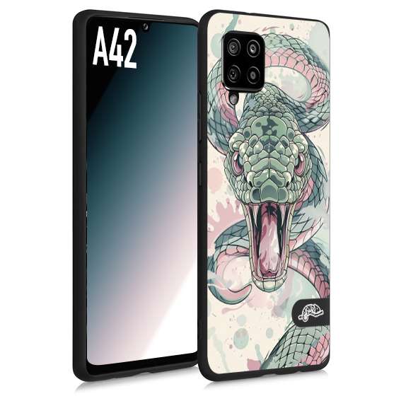 CUSTOMIZZA - Custodia cover nera morbida in tpu compatibile per Samsung A42 snake pink green serpente tatuaggio tattoo disegnato a mano