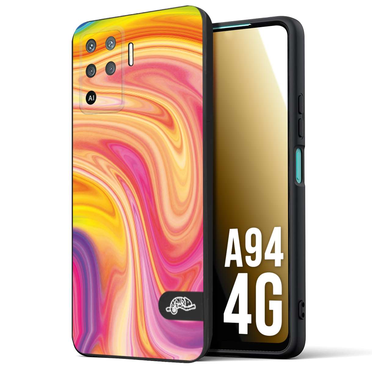 CUSTOMIZZA - Custodia cover nera morbida in tpu compatibile per Oppo A94 4G colorata fantasia vortice marmo onde rosa fucsia gialla