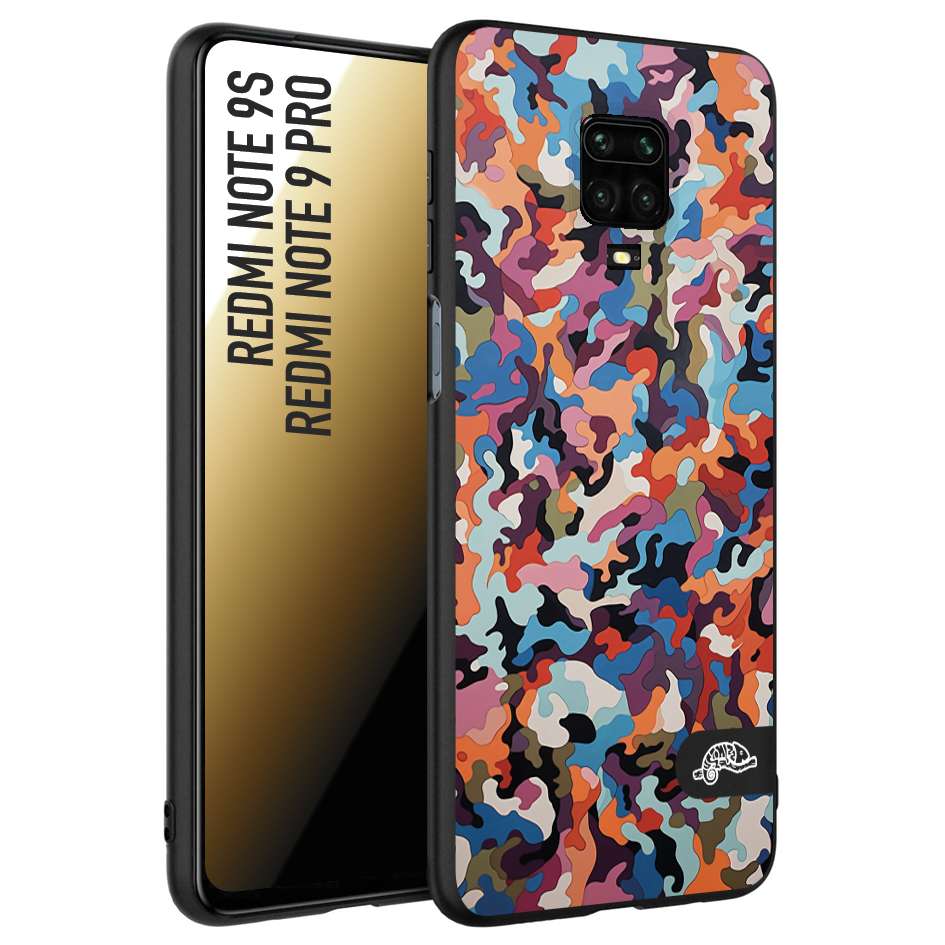 CUSTOMIZZA - Custodia cover nera morbida in tpu compatibile per Xiaomi Redmi Note 9S - Note 9 PRO camouflage mimetico militare moderno blu arancio rosa