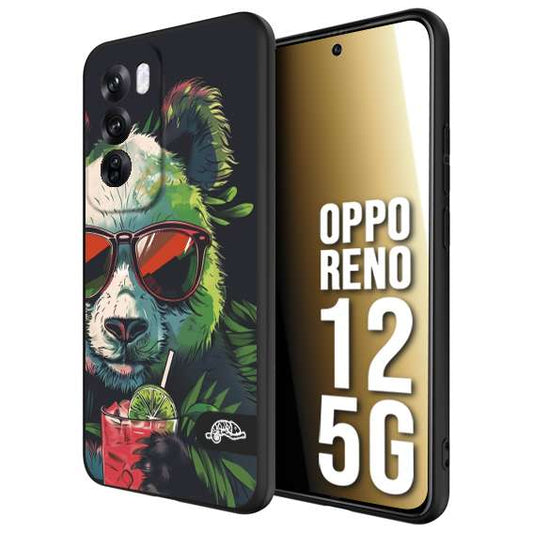 CUSTOMIZZA - Custodia cover nera morbida in tpu compatibile per Oppo Reno 12 5G estate disegnata cocktails animali simpatici panda mojito