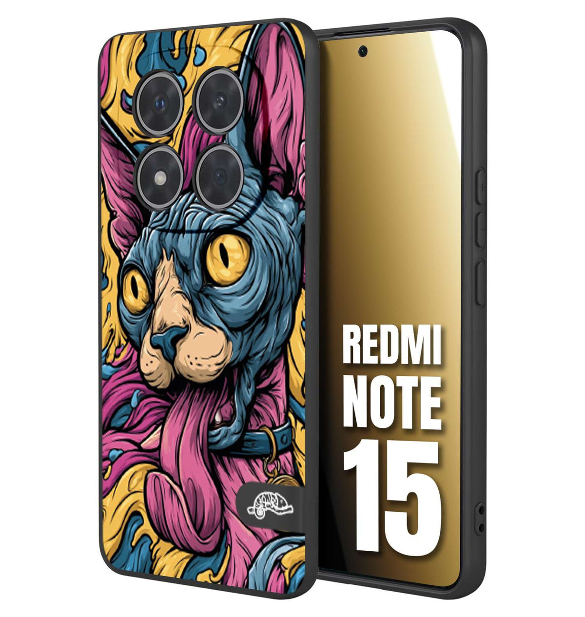 CUSTOMIZZA - Custodia cover nera morbida in tpu compatibile per Xiaomi Redmi Note 15 Sphynx Colorato Pop Art Psichedelico Gatto Blu Rosa Giallo Artistica Fantasy