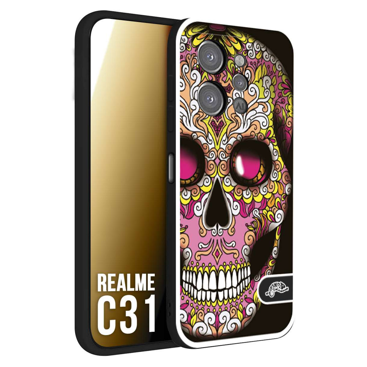 CUSTOMIZZA - Custodia cover nera morbida in tpu compatibile per Realme C31 teschio messicano Mexican skull rosa gialla