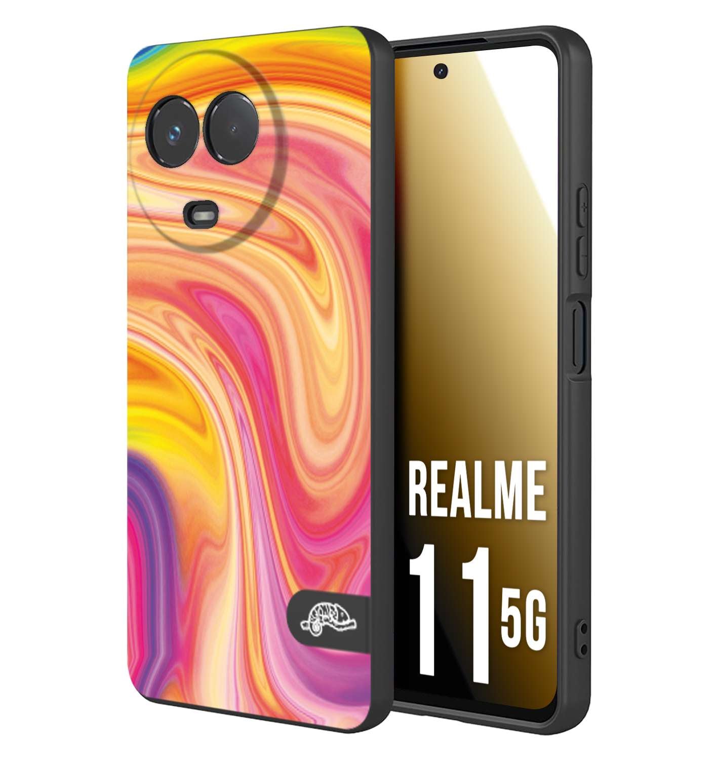 CUSTOMIZZA - Custodia cover nera morbida in tpu compatibile per Oppo Realme 11 5G colorata fantasia vortice marmo onde rosa fucsia gialla