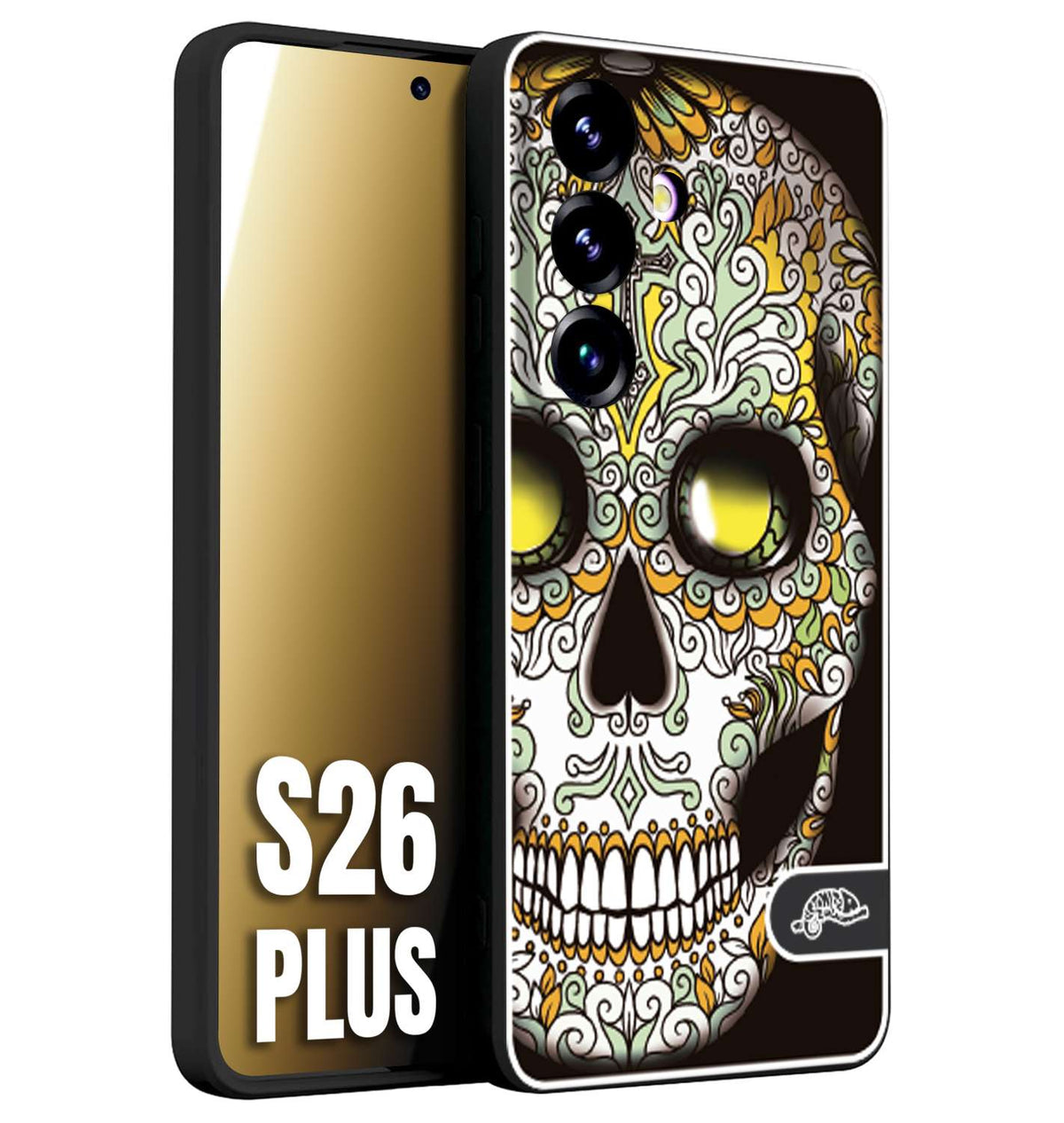 CUSTOMIZZA - Custodia cover nera morbida in tpu compatibile per Samsung S26 PLUS teschio messicano Mexican skull bianco verde giallo