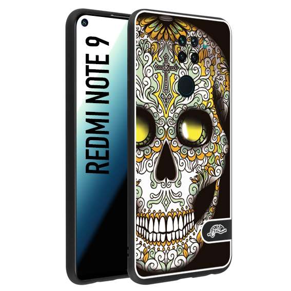 CUSTOMIZZA - Custodia cover nera morbida in tpu compatibile per Xiaomi Redmi Note 9 teschio messicano Mexican skull bianco verde giallo
