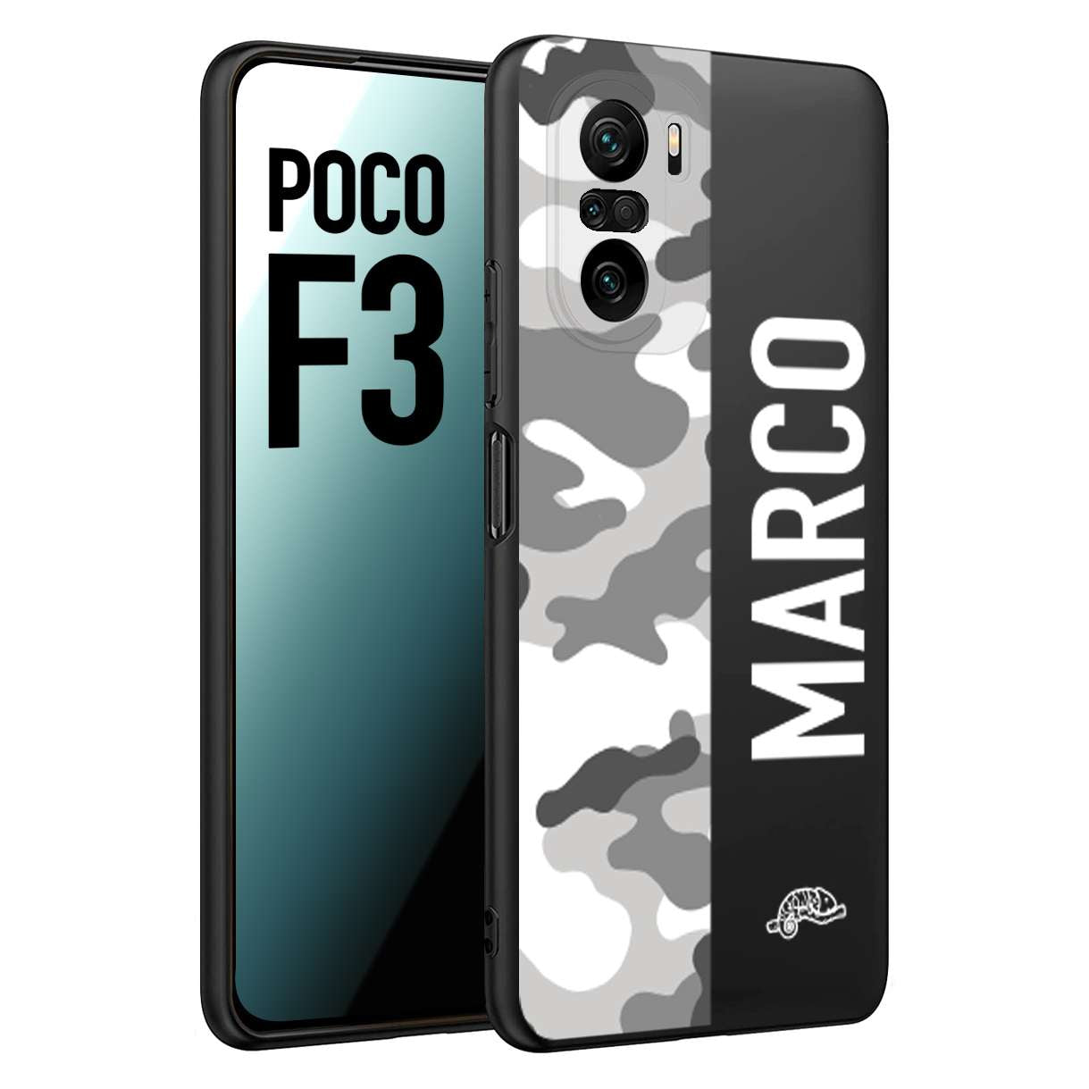 CUSTOMIZZA - Custodia cover nera morbida in tpu compatibile per Xiaomi Poco F3 camouflage mimetico militare personalizzata nome bianco