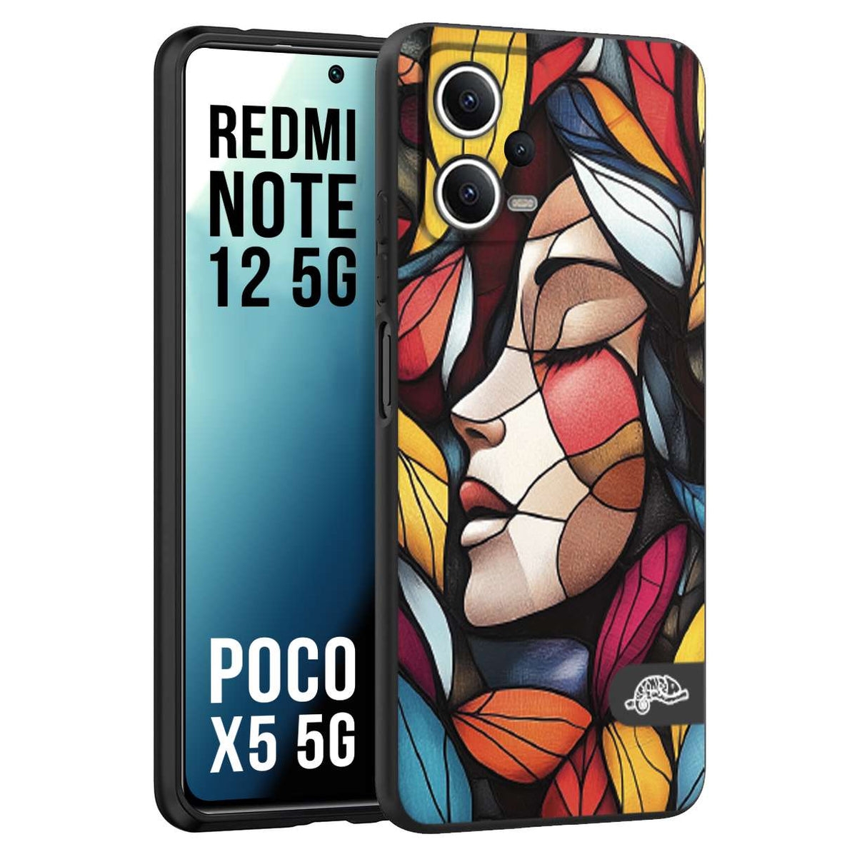 CUSTOMIZZA - Custodia cover nera morbida in tpu compatibile per Xiaomi Redmi Note 12 5G - POCO X5 5G Vetrata artistica volto di donna profilo fogliare mosaico di vetro colorato