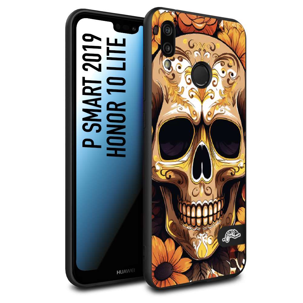 CUSTOMIZZA - Custodia cover nera morbida in tpu compatibile per Huawei P SMART 2019 teschio messicano colorato dorato fiori tattoo disegnato