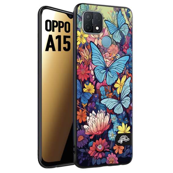 CUSTOMIZZA - Custodia cover nera morbida in tpu compatibile per Oppo A15 farfalle butterfly moderno donna disegnate gialla blu rosa