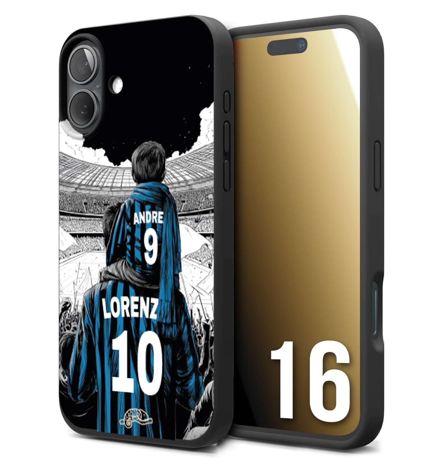CUSTOMIZZA - Custodia cover nera morbida in tpu compatibile per iPhone 16 personalizzata calcio football padre e figlio calciatori nerazzurra