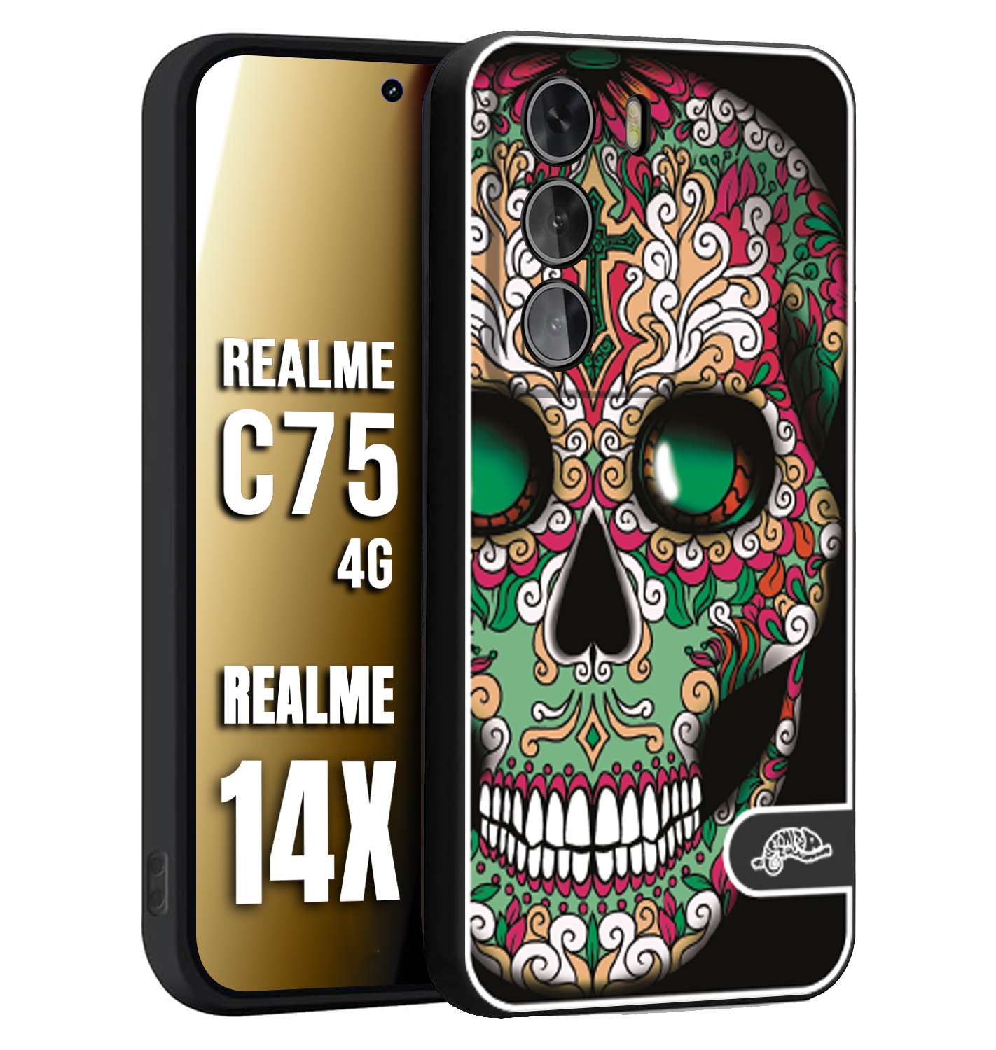 CUSTOMIZZA - Custodia cover nera morbida in tpu compatibile per Realme 14X - C75 4G teschio messicano Mexican skull verde fucsia