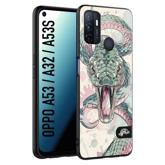 CUSTOMIZZA - Custodia cover nera morbida in tpu compatibile per Oppo A53 - A32 - A53S snake pink green serpente tatuaggio tattoo disegnato a mano