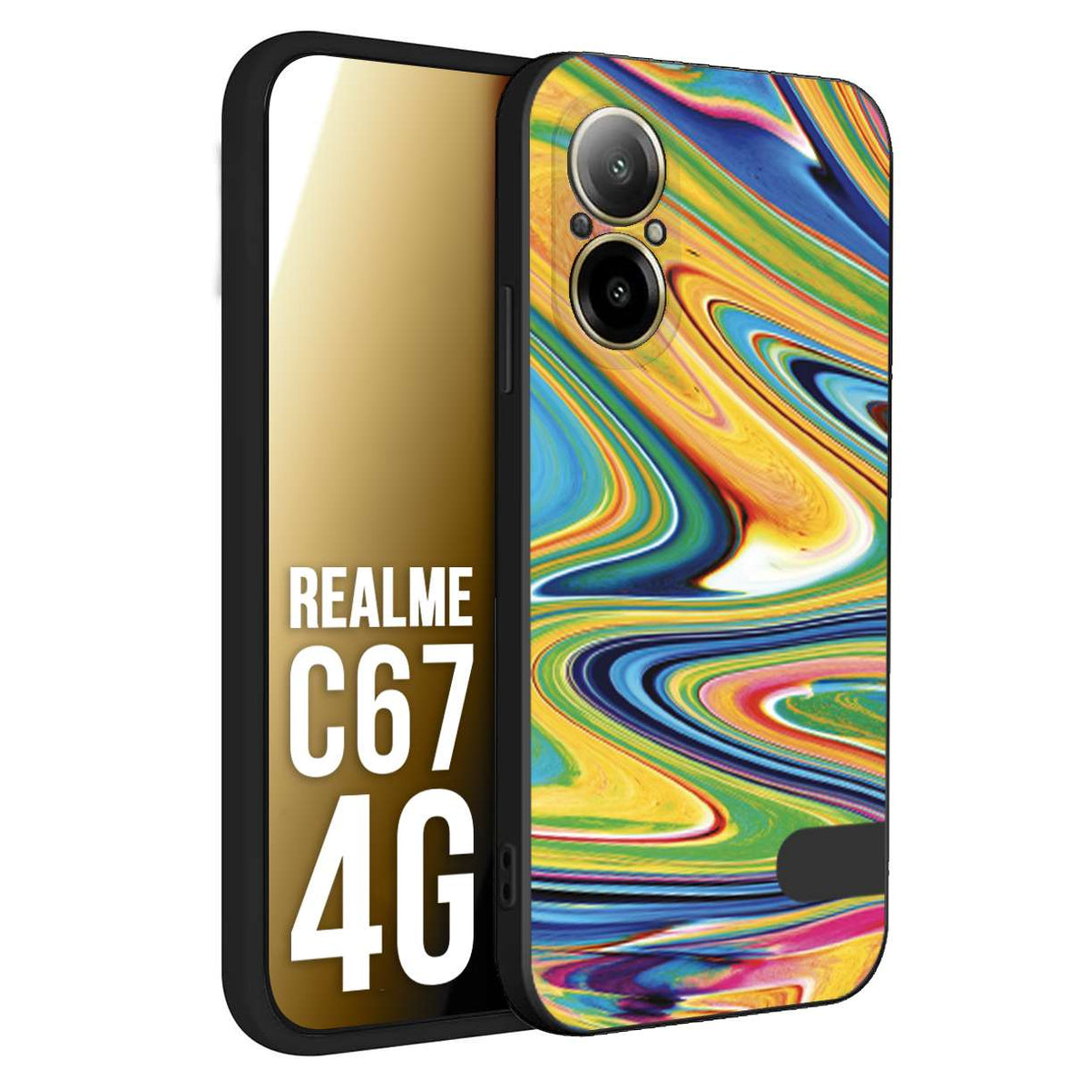 CUSTOMIZZA - Custodia cover nera morbida in tpu compatibile per Realme C67 4G colorata fantasia vortice marmo arcobaleno gialla verde blu