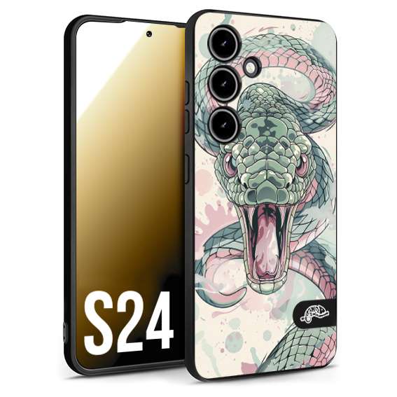 CUSTOMIZZA - Custodia cover nera morbida in tpu compatibile per Samsung S24 snake pink green serpente tatuaggio tattoo disegnato a mano
