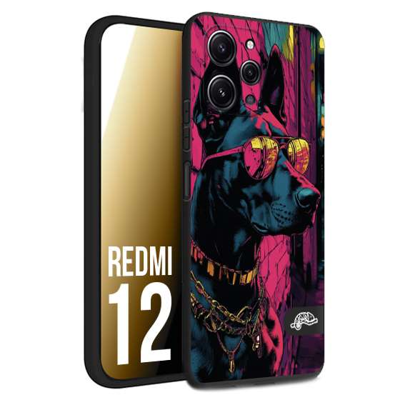 CUSTOMIZZA - Custodia cover nera morbida in tpu compatibile per Xiaomi Redmi 12 animali cyberpunk dobermann cane street dog fucsia blu