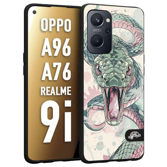 CUSTOMIZZA - Custodia cover nera morbida in tpu compatibile per Realme 9i - A96 - A76 snake pink green serpente tatuaggio tattoo disegnato a mano
