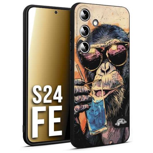 CUSTOMIZZA - Custodia cover nera morbida in tpu compatibile per Samsung S24 FE estate disegnata cocktails animali simpatici scimmia monkey negroni