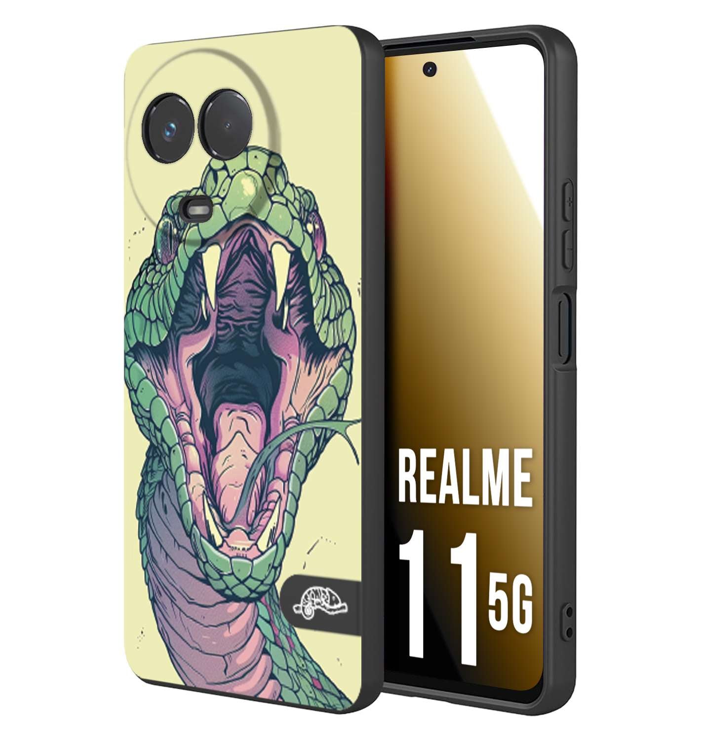 CUSTOMIZZA - Custodia cover nera morbida in tpu compatibile per Realme 11 5G snake yellow green serpente tatuaggio tattoo disegnato a mano