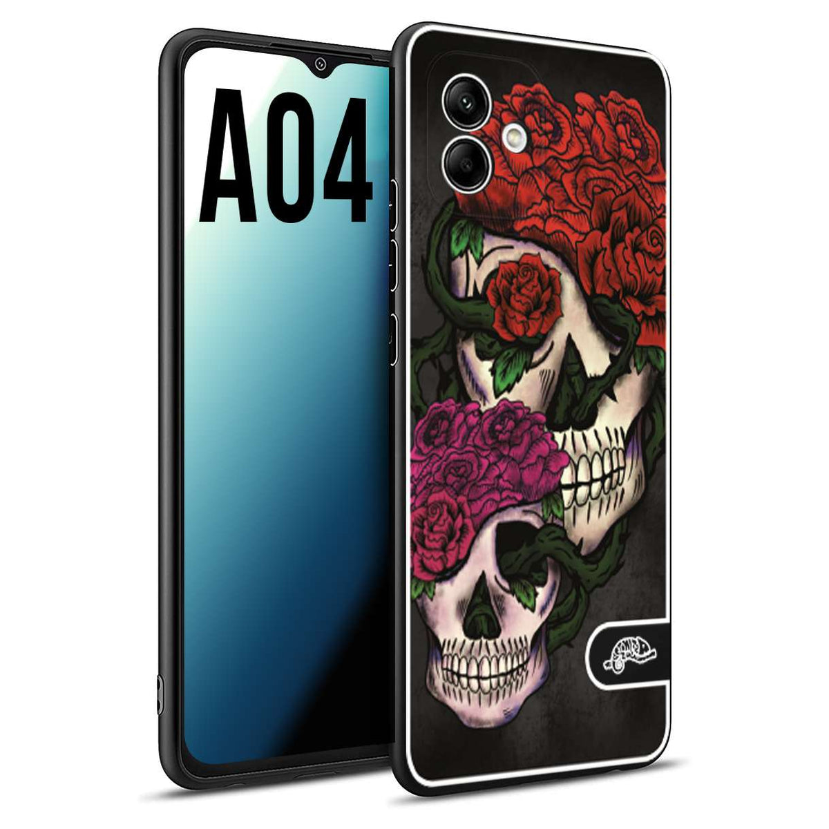 CUSTOMIZZA - Custodia cover nera morbida in tpu compatibile per Samsung A04 teschi e rose rosse fucsia skull and roses